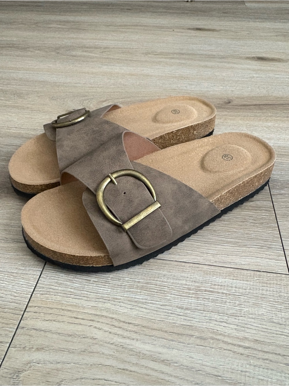 Women’s Tan Suede Slide Sandals with Buckle